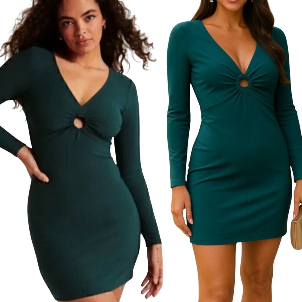 Abercrombie & Fitch O Ring Mini Dress Long Sleeve Stretchy Fitted V Neck Teal L